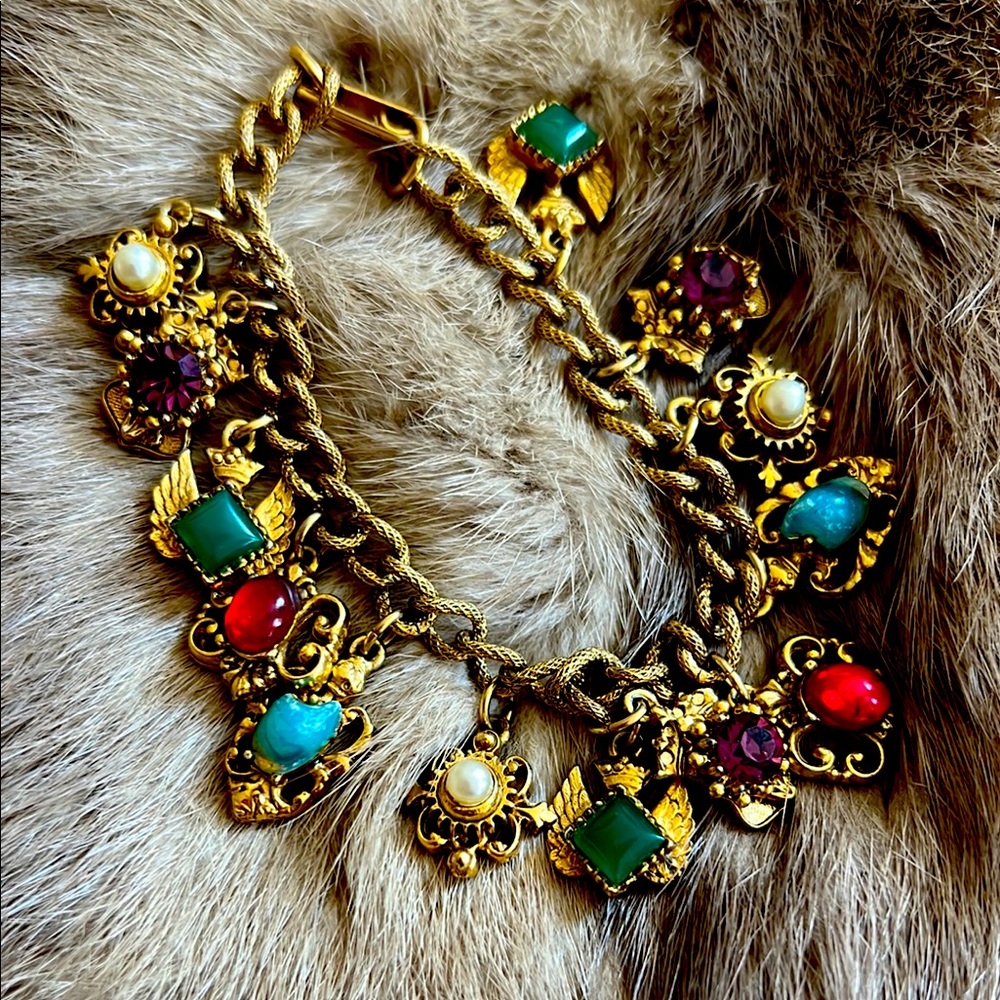 Vintage Coro Botanical Floral Glass Charm Bracelet